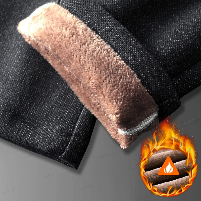 Winter Fleece Warm Men's Brushed Fabric Casual Pants Outdoors Business Thick Velvet Cotton Flocking PlushTrousers Male 28-38