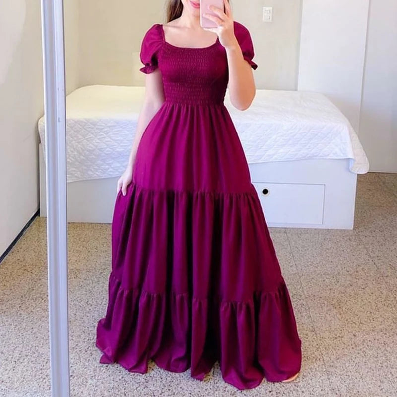 A Line Pleated Blue Princess Long Dresses Women Puff Sleeve High Waist Square Neck Maxi Dress Summer Solid Ruffles Party Dresses
