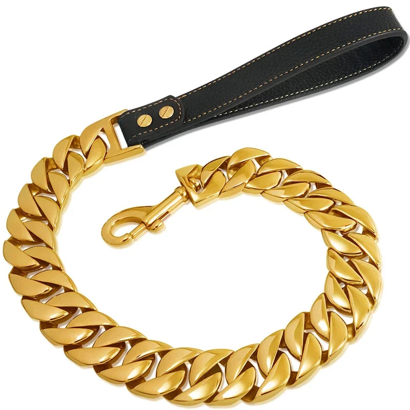 Stainless Steel Dog Leash Pet  Lead Traction  Super Strong Gold Collar Chain 32mm 19mm Bulldog Pitbull Large Dog Collar Leash