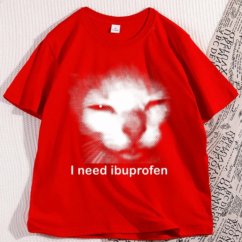I Need Ibuprofen Cat T-shirts for Man Cotton Caual Short Sleeve Funny Vintage Graphic Cat T-shirt Unisex Silly Kitten Tshirt