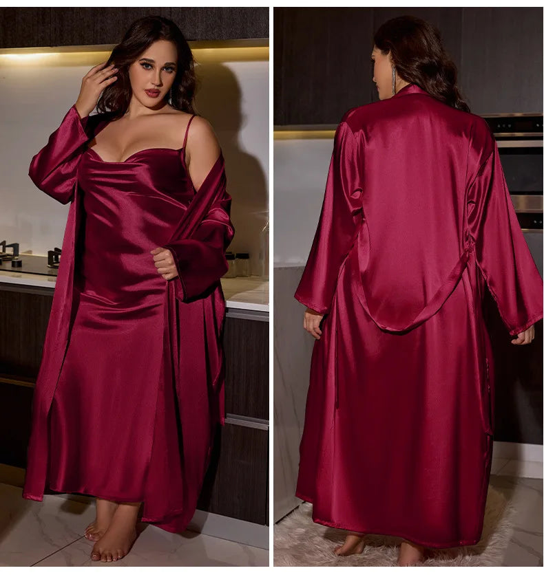 Plus Size 3XL 4XL 5XL Nighty&Robe Set Sexy Bride Long Wedding Bathrobe Dress Spring Summer New Sleepwear Loose Satin Home Wear