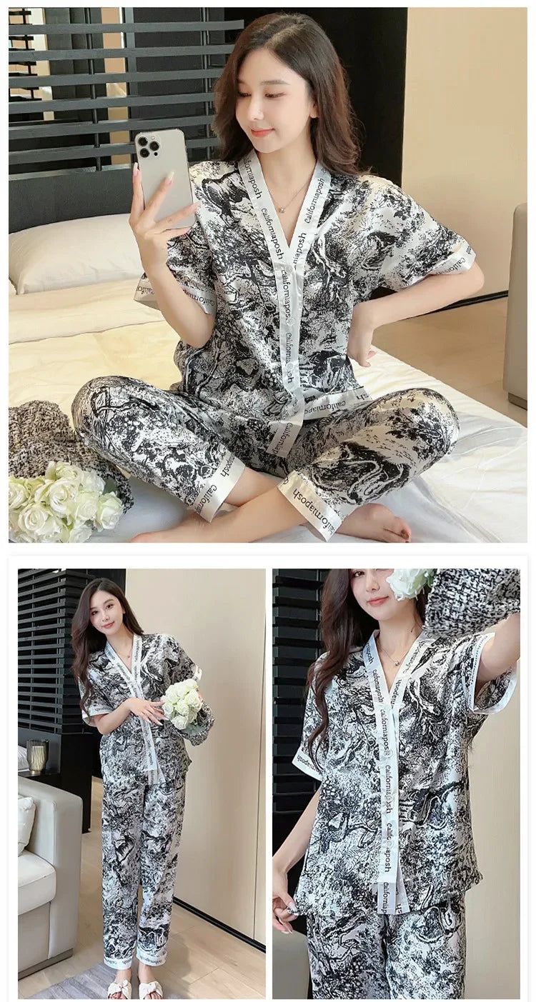 Ice Silk Pajamas Women Summer Short Sleeve Trousers Cartoon Bear Pajamas Cardigan Green Letter Sleepwear Homewear Set Kimono