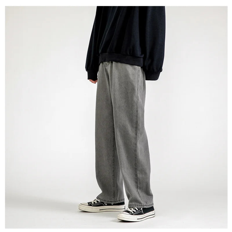 2023 New Korean Fashion Men's Baggy Jeans Classic Unisex Man Straight Denim Wide-leg Pants Hip Hop Bagy Light Blue Grey Black