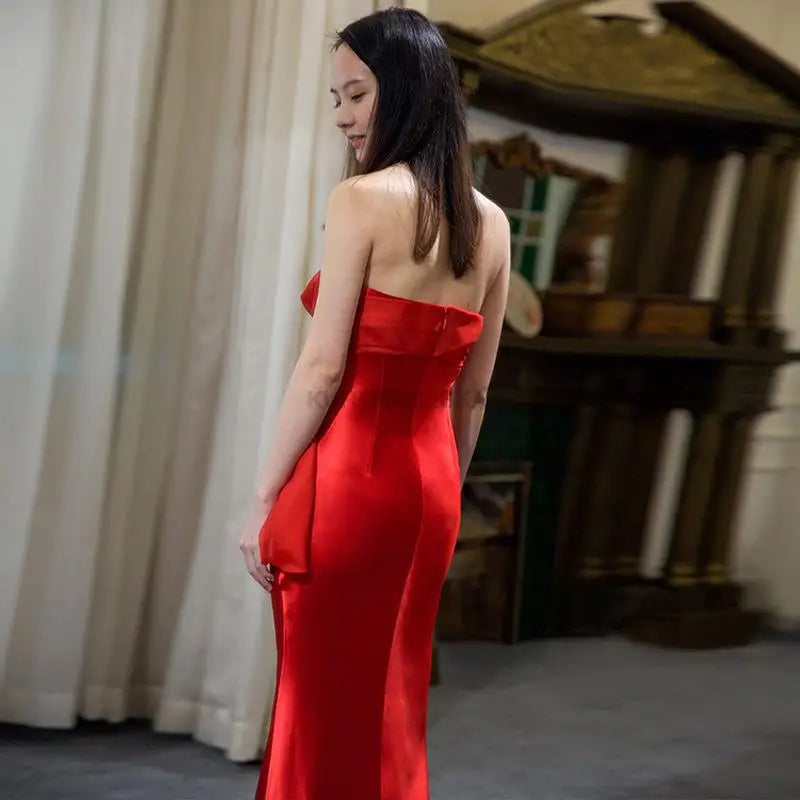Elegant Long Prom Evening Guest Party Mermaid Trailing Dresses for Women 2022 Summer Satin Sexy Strapless Slim Cocktail Dress