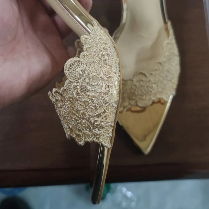 New Summer Women's High Heel Sandals Lace Embroidery Pointed Open Toe Stiletto High Heel Sandals Party Slippers