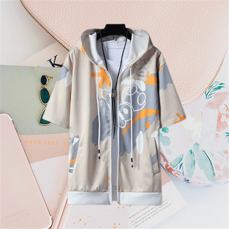 2023 Men's Summer Fashion Cartoon Print Short Sleeve Zipper Sweatshirts Youth Man Y2K Streetwear Casual Pockets Hoodies Jackets