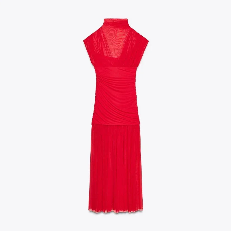 Sexy Red Pleated Mesh Long Dress Red See Through Patchwork Sleeveless A-line Party Dresses Female 2025 Summer Slim Robes Lady