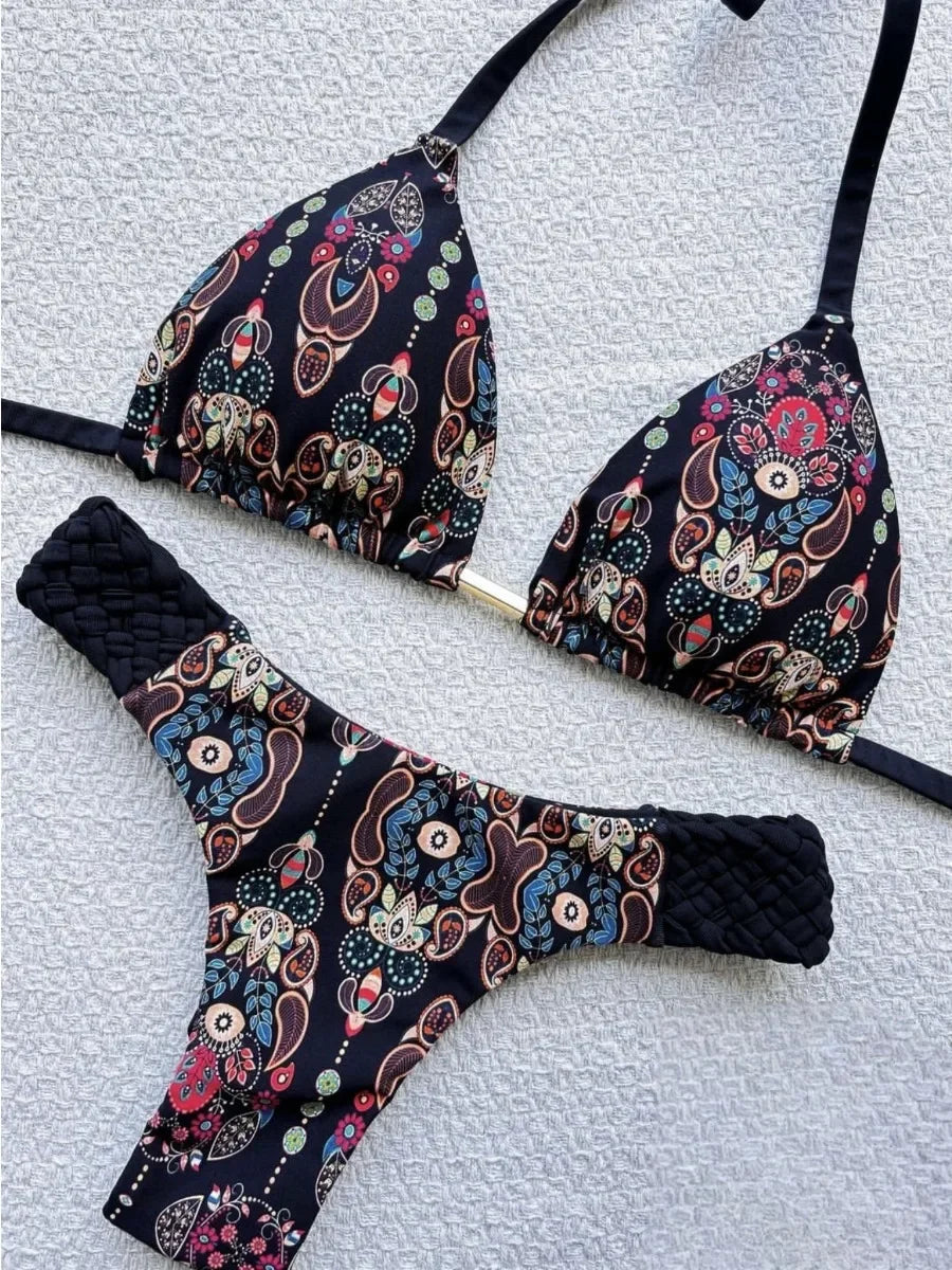 2026 New Weaving Bikini Set Women's print 2 Piece Swimsuit women sexy suspender Backless Beach Vacation Bathing Suit swimwear