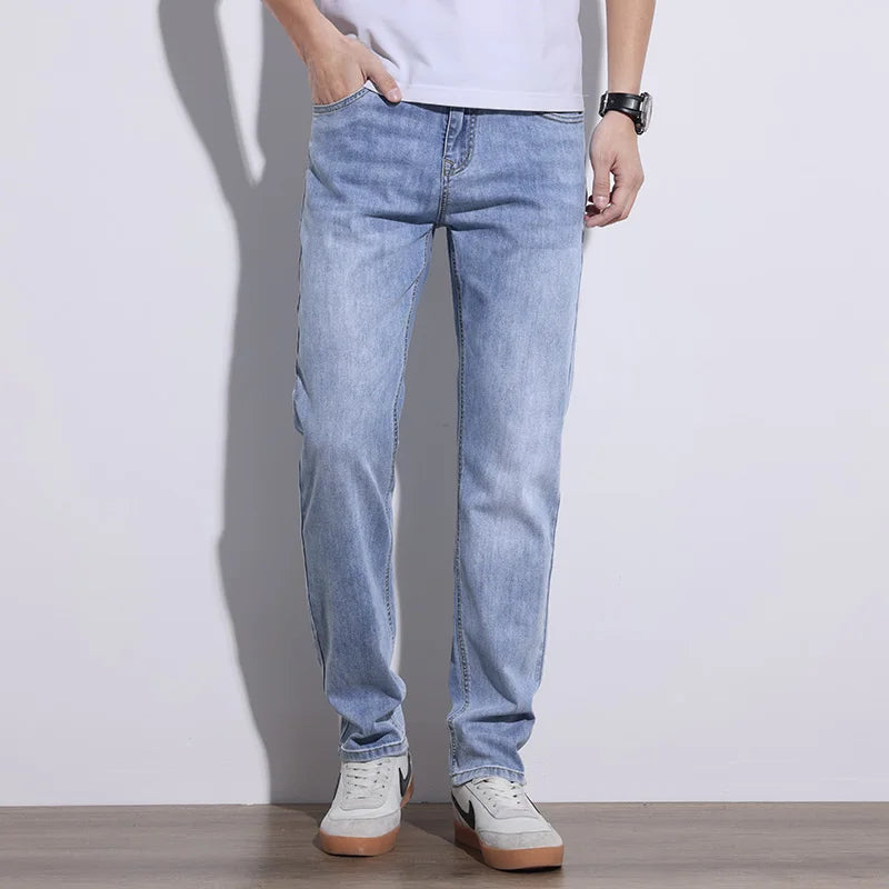 KSTUN 2025 Spring Summer Jeans For Men Slim Straight Gray Light Blue Stretch Jeans Regular Fit Denim Pants Mens Clothing Cowboys