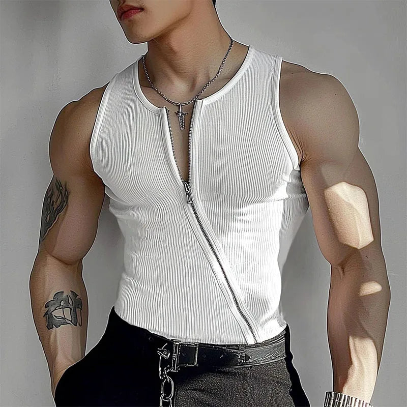2025 Men Tank Tops Solid Color Knitted Zipper Sleeveless Male Vests Summer Streetwear Skinny Fashion Men Clothing S-3XL INCERUN