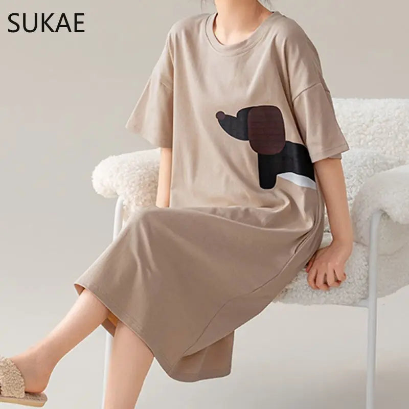 100% COTTON! SUKAE Summer New Women Lovely Sleepshirt Fashion Nightgowns Leisure Dress Casual Nightdress Short Sleeves Nightgown
