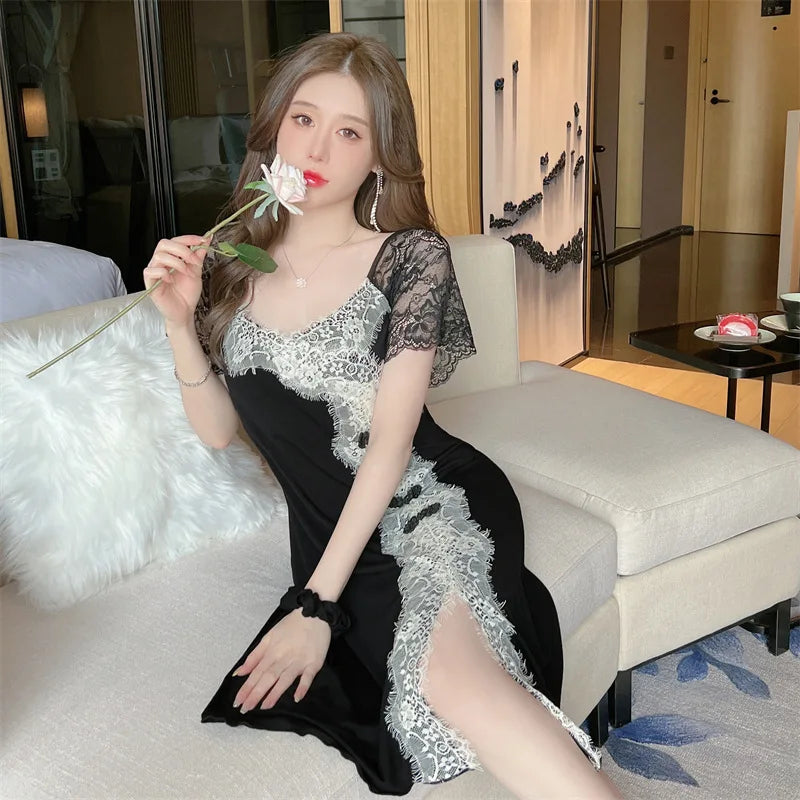 Sexy Summer Sleepwear Womens Lace Silk Satin Night Dress Short Sleeve Homewear V-Neck Split Hem Soft Loungewear Female Clothes