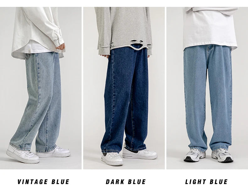 2023 New Korean Fashion Men's Baggy Jeans Classic Unisex Man Straight Denim Wide-leg Pants Hip Hop Bagy Light Blue Grey Black