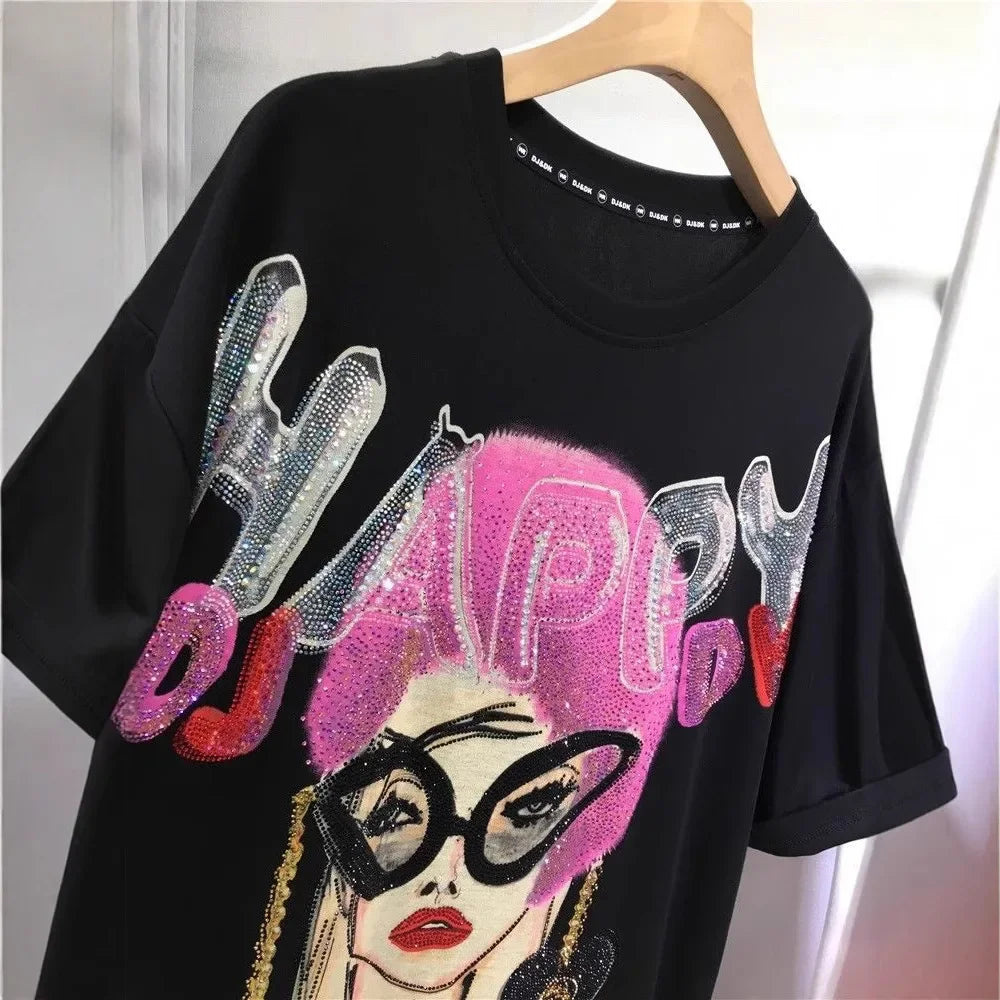 L-4XL Plus Size Casual T Shirts for Women Cartoon Lady Rhinestone Summer Short Sleeve Loose Tops Womens Clothing Женская Одежда