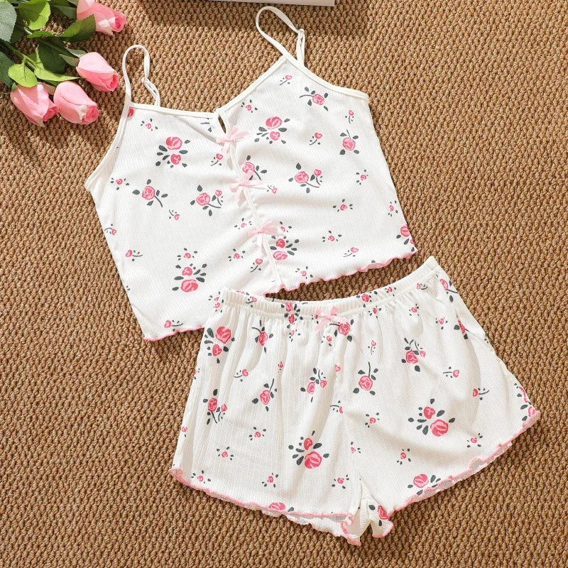 Women's Summer Spaghetti Strap Top and Shorts Pajama Sets Ladies Cherry Heart Print Sleepwear Cute Bowknot Sexy Loungewear S-XL