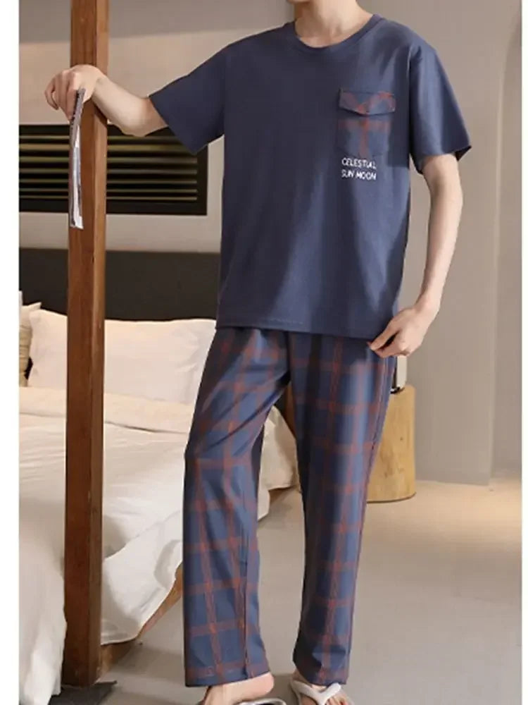 SUKAE Mens Plus Size L-5XL Homewear Summer Cotton Short Sleeve Full Pants Pajamas Set for Man Leisure Sleepwear Trendy Nightwear