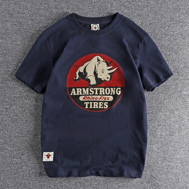 Summer new wash matte comfortable short sleeve t-shirt men's rhinoceros Vintage Print versatile youth fashion casual half sleeve