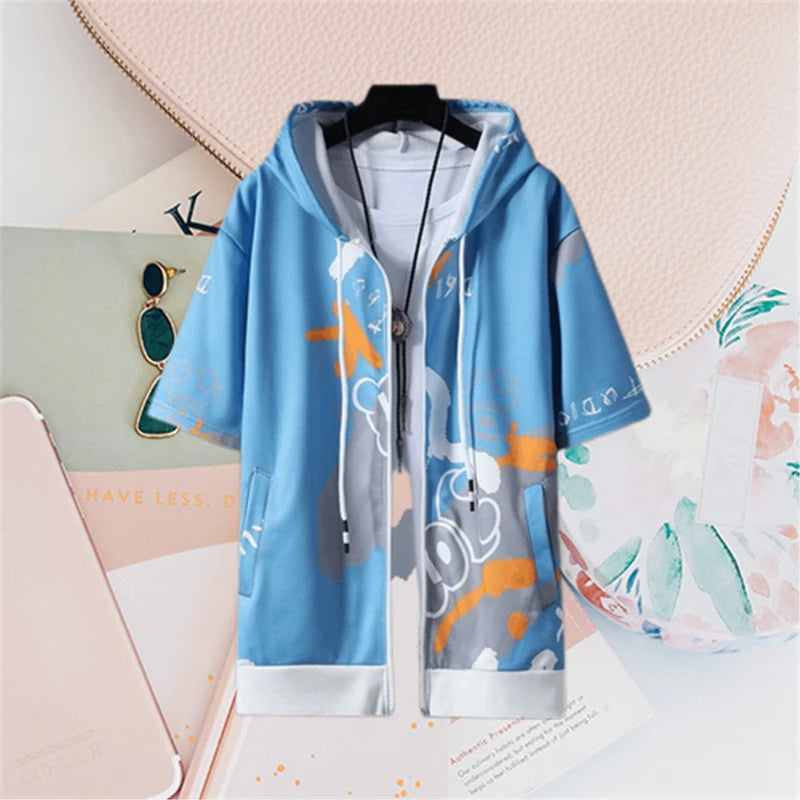 2023 Men's Summer Fashion Cartoon Print Short Sleeve Zipper Sweatshirts Youth Man Y2K Streetwear Casual Pockets Hoodies Jackets