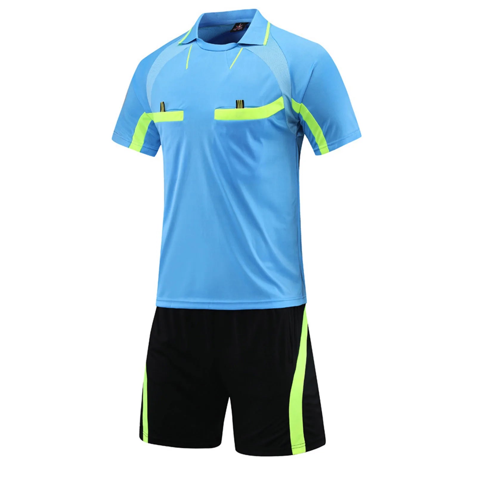 Mens Soccer Jersey Referee Outfit Football Match Uniform Tracksuit Turn-Down Collar Short Sleeve Pockets T-shirt with Shorts
