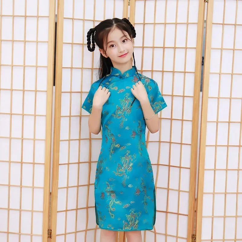 Summer Modern Cheongsam Children Girls Dresses Baby Fashion Kids Clothes Chinese Style Girl Dress Vestidos Casual Qipao Costumes