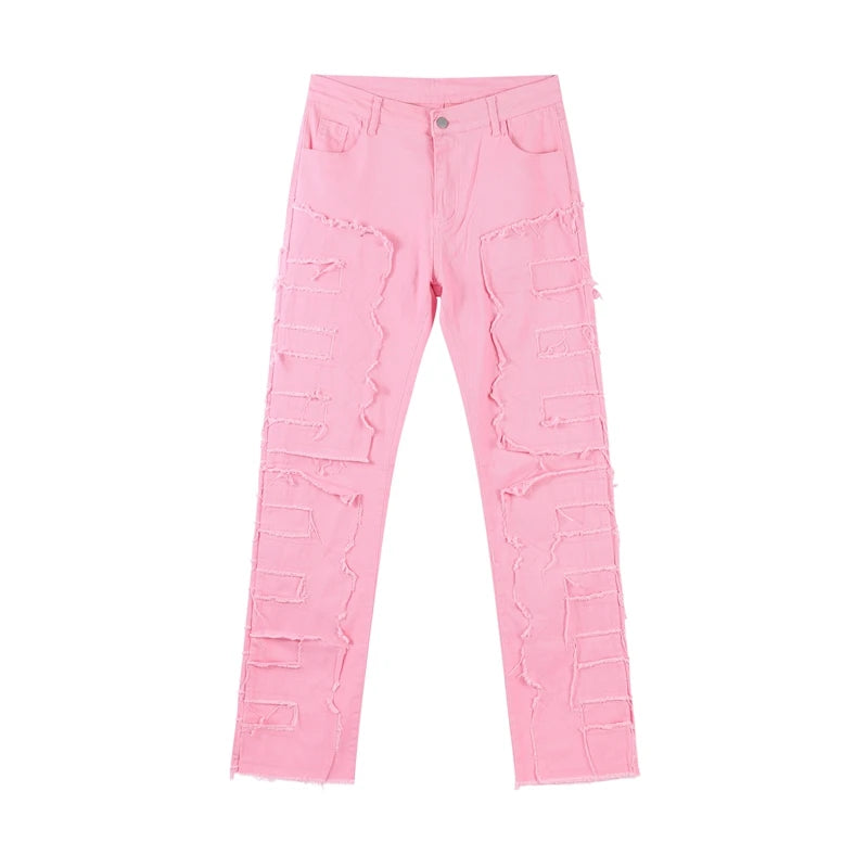 Men Jeans Ripped Vintage Tassel Wash Old Slim Stacked Patch Hip Hop Pencil Denim Man Pants 2026 Streetwear Male Long Trousers