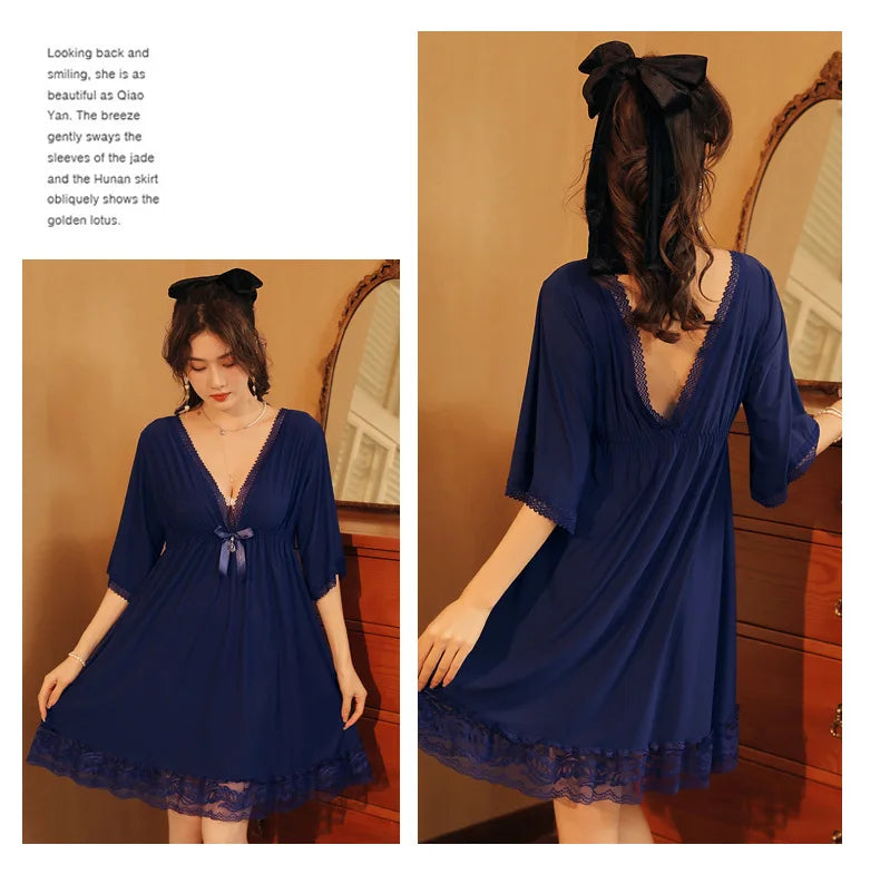 Fdfklak M-3XL Women’s Nightgowns Sexy Lace Deep V Neck Sleepshirt Mesh Short Sleeve Summer Nightdress Female Nightwear Dress