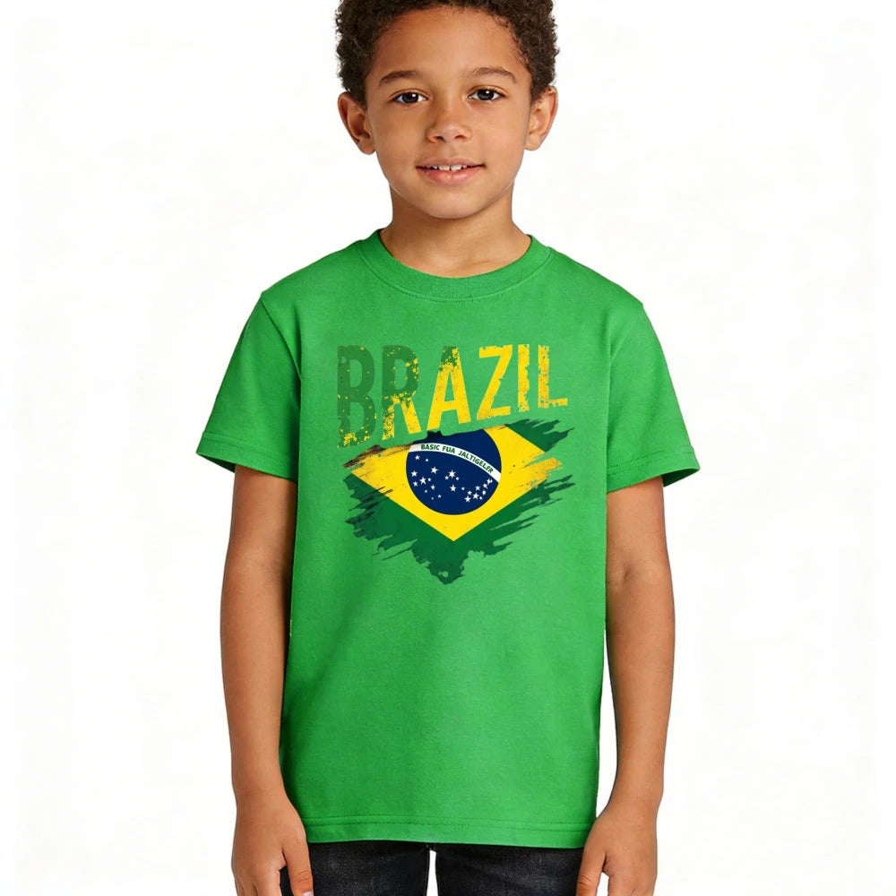 Distressed Brazil Flag Graphic TShirt Brazilian Soccer Lover Children Casual Daily Life Shirt Kids Boy Girl Cotton Short Sleeve