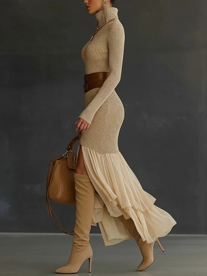 Knitted Turtleneck Dress for Women's Long Sleeve Bodycon Chiffon Patchwork Solid Elegant Autumn Casual Vintage Slim Dresses
