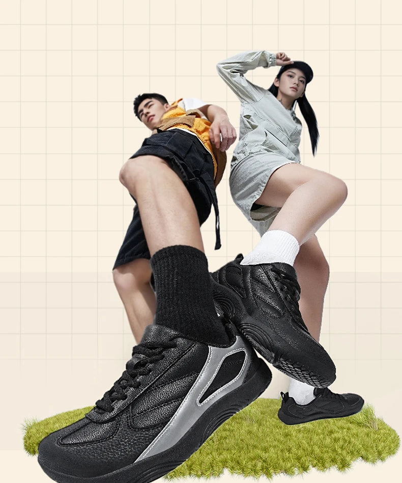 Men's Sports Shoes New Low Heel Round Toe Flat Heel Leather Surface Breathable and Comfortable Lace-up Couple's Style