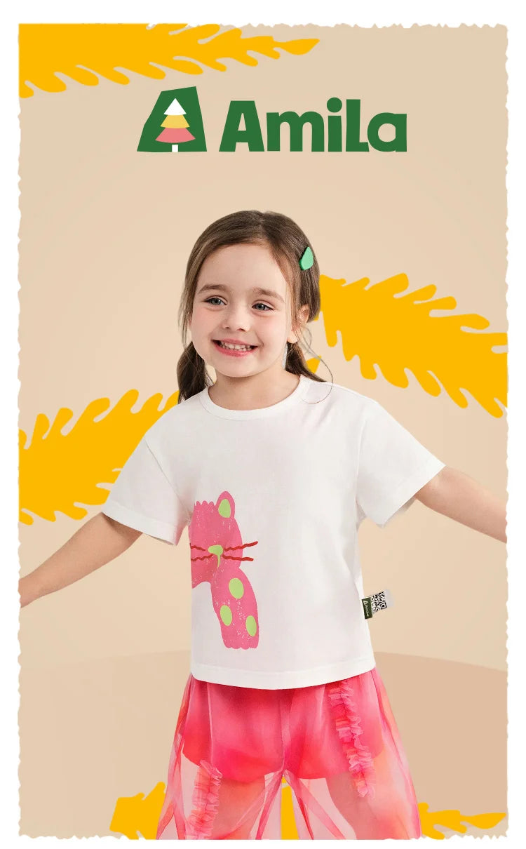 Amila Baby T-shirt 2026 Summer New Comfortable Cartoon Pattern Round Neck Casual Breathable Clothing