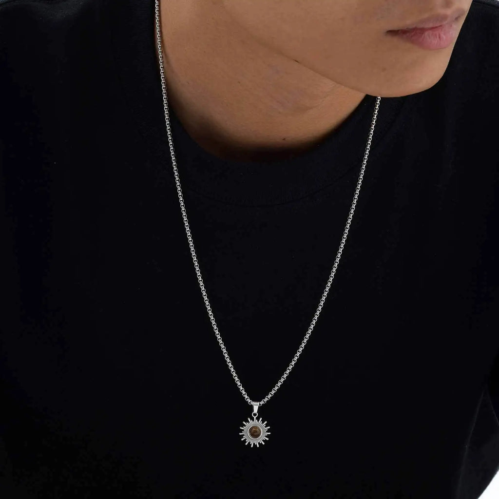 Trendy Sunflower Necklace for Men Boys,Stainless Steel Natural Stone Pendant,Jewelry Gift for Husband Dad Son BBF