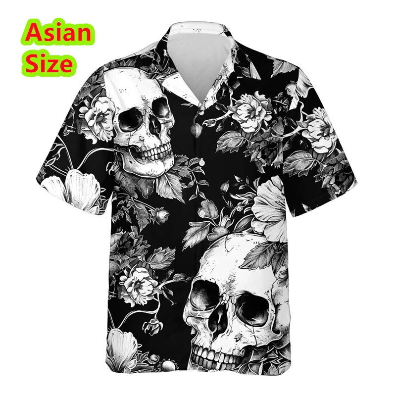 Man Shirt Horror Skull Flower 3D Print Men's Clothing Summer Casual Hawaii Beach Hawaiian Harajuku Hip Hop Holiday Shirt Tops