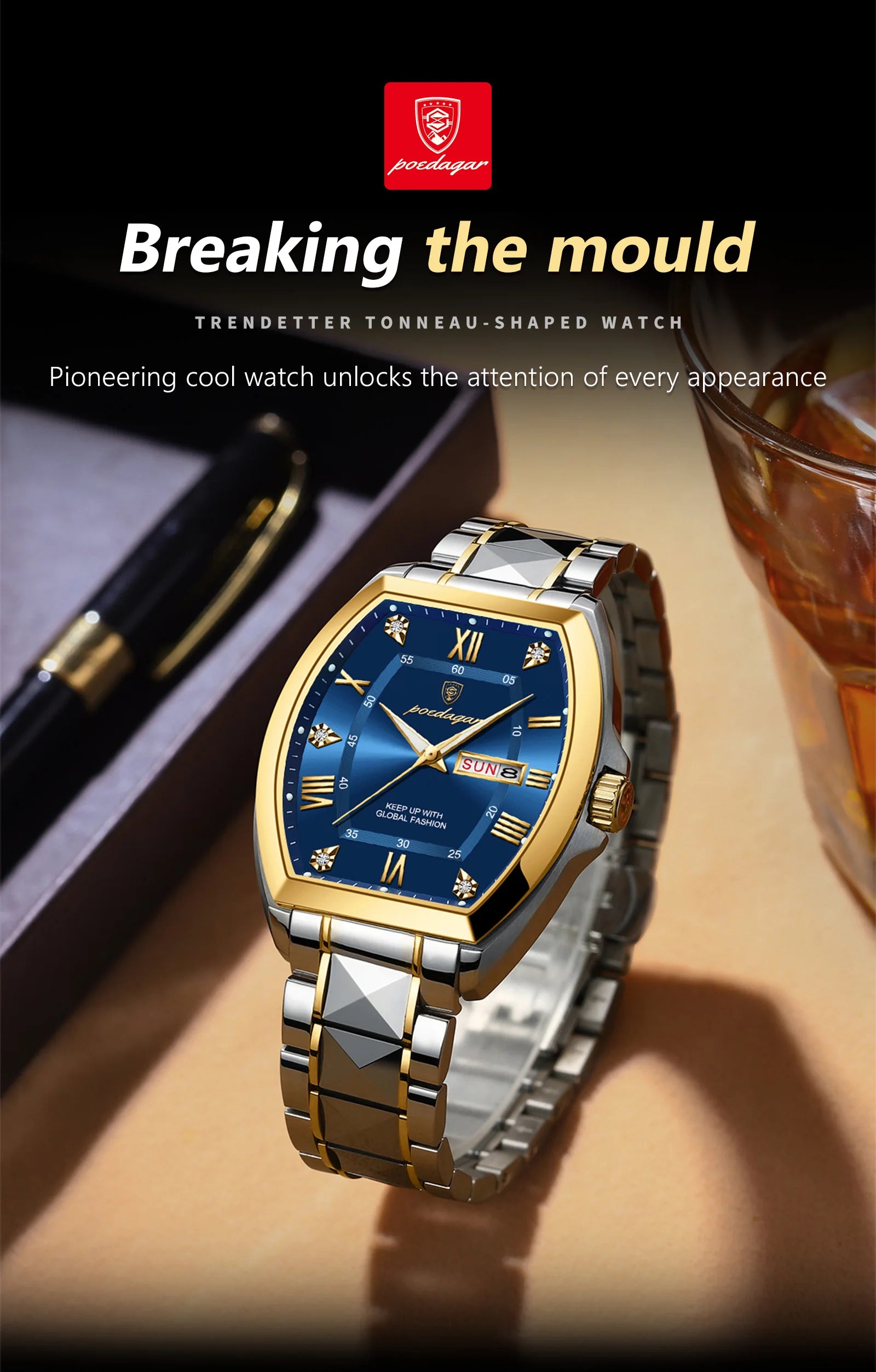POEDAGAR Luxury Tonneau Men Watch Luminous Waterproof Date Week Man Watch Stainless Steel Fashion Original Men's Quartz Watches