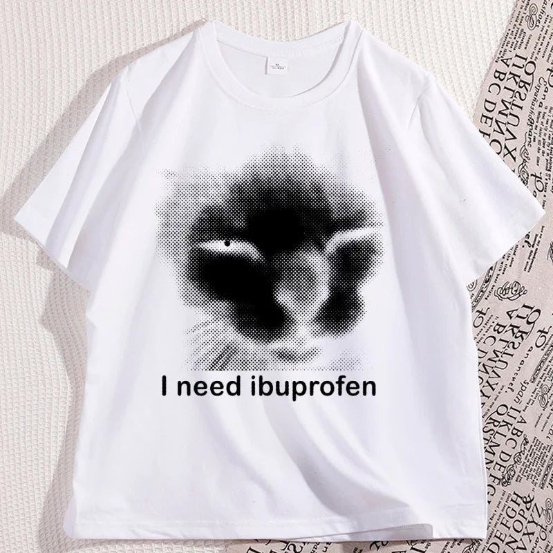 I Need Ibuprofen Cat T-shirts for Man Cotton Caual Short Sleeve Funny Vintage Graphic Cat T-shirt Unisex Silly Kitten Tshirt