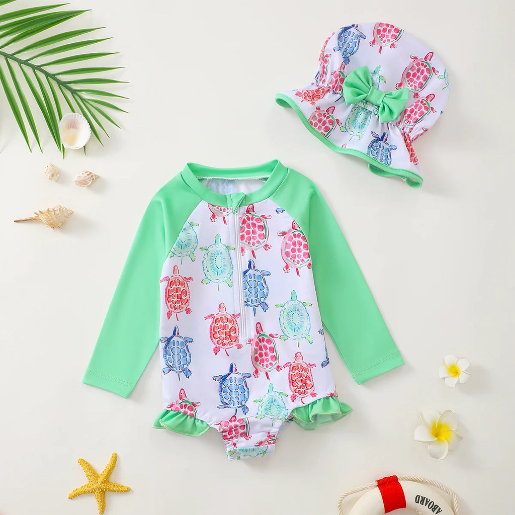 Baby Girl Turtle Print Long Sleeve Onesie Swimsuit with Wood Grain Ruffle Hat Matching Ensemble for Infants And Toddlers