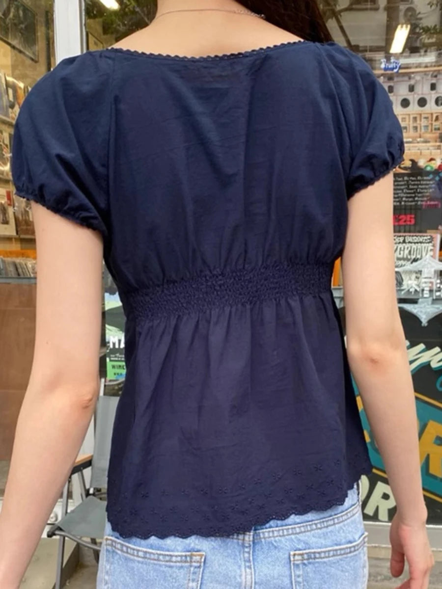 Lace Trim Embroidery Navy T-shirt Women Three Buttons Folds Square Collar Puff Sleeve T-shirt Summer Sweet Casual Vintage Blouse