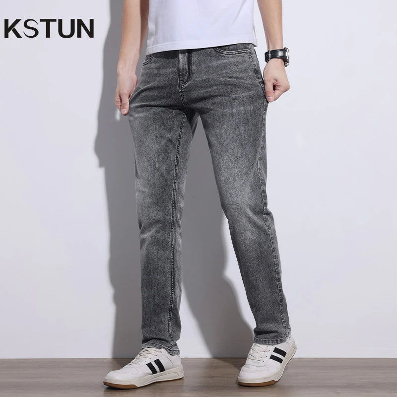KSTUN 2025 Spring Summer Jeans For Men Slim Straight Gray Light Blue Stretch Jeans Regular Fit Denim Pants Mens Clothing Cowboys