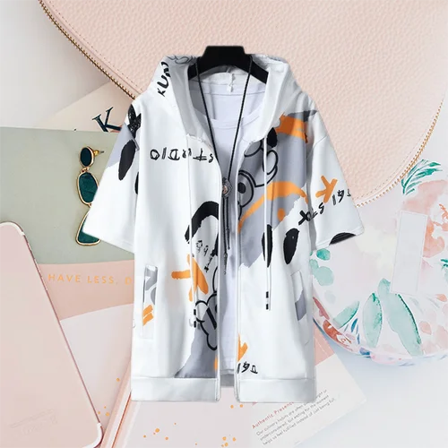 2023 Men's Summer Fashion Cartoon Print Short Sleeve Zipper Sweatshirts Youth Man Y2K Streetwear Casual Pockets Hoodies Jackets