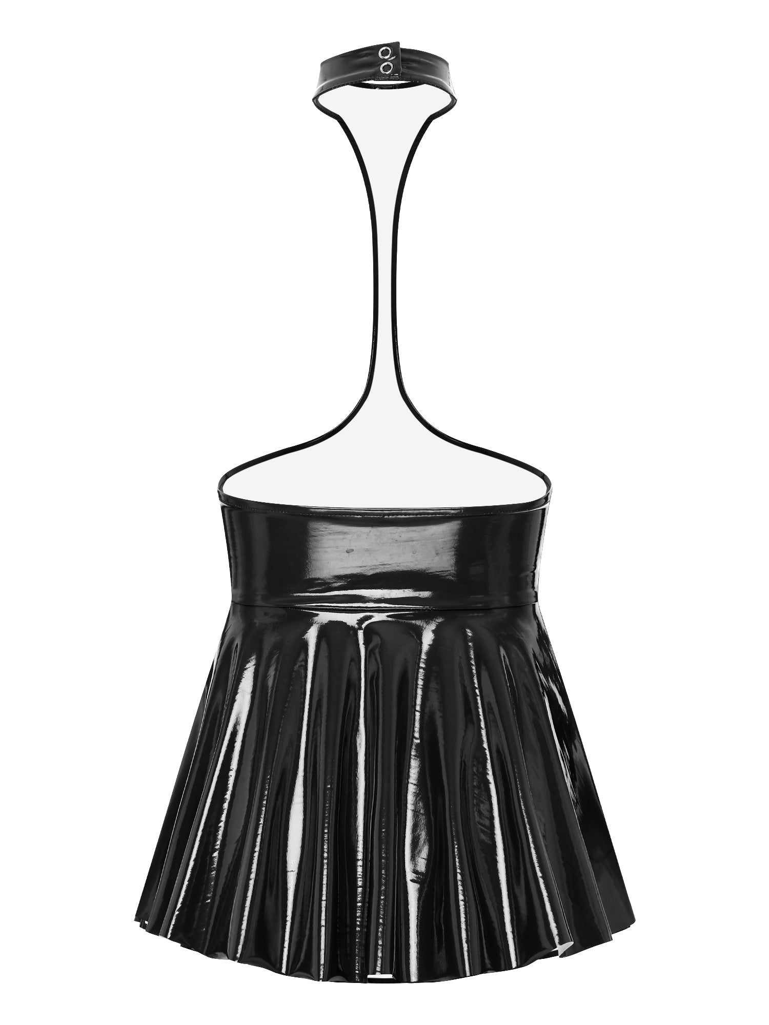 Womens Shiny Metallic Faux Leather Halter Neck Backless A-Line Dress Exposed Breast Mini Night Club Dresses Latex Clubwear