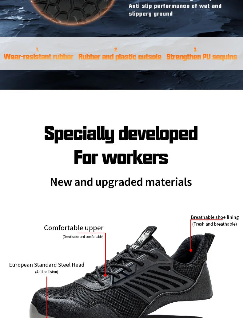 Men's Waterproof Steel Toe Shoes Safety Shoes Anti Compression Anti Puncture Comfortable Protection Pure Black Work Shoes