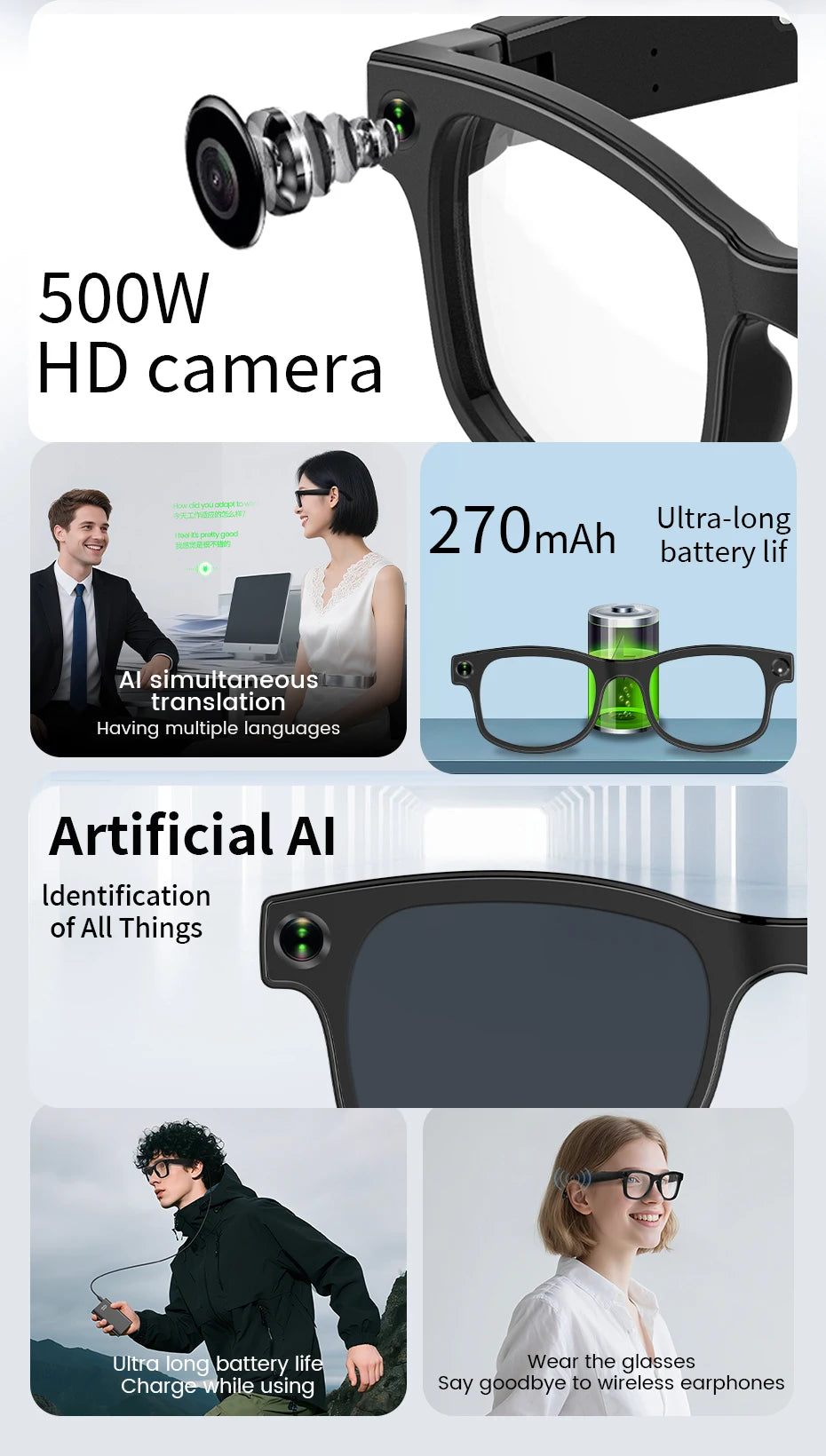 New AI Smart Glasses HD1080P Shooting 500W Camera Glasses ChatGPT Translation Voice Control Bluetooth Call Sports Sunglasses Man