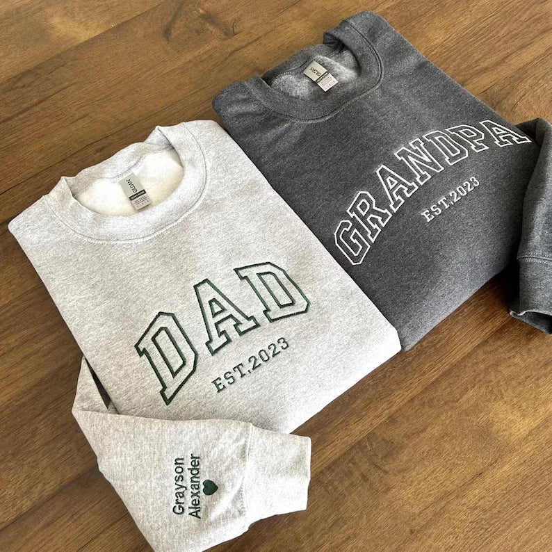 Custom Embroidered Sweatshirt, Name On Sleeve With Heart, Grandpa Shirt With Date, Daddy Est Year Shirt, Gift For New Dad