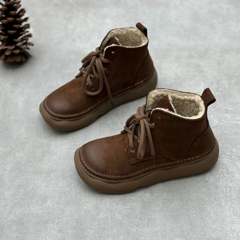Johnature Retro Genuine Leather Short Boots 2026 Autumn/winter New Wide Toe Lace Up Cowhide Soft Sole Women's Boots