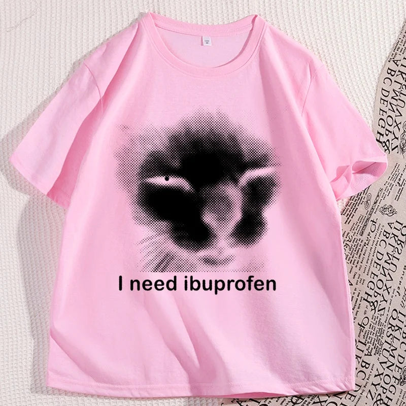 I Need Ibuprofen Cat T-shirts for Man Cotton Caual Short Sleeve Funny Vintage Graphic Cat T-shirt Unisex Silly Kitten Tshirt