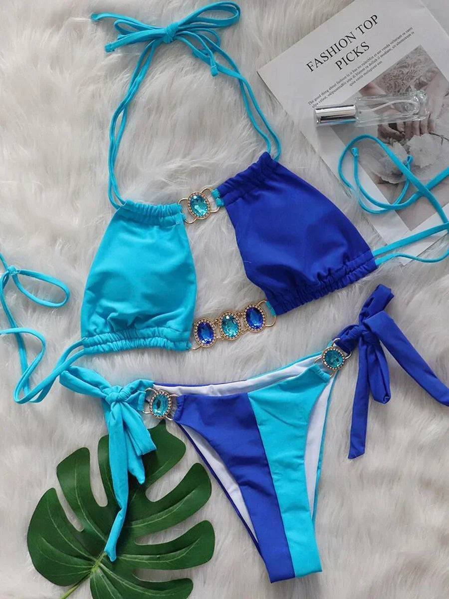 2026 Splicing Halter Diamond Bikini Women Swimsuit Female Swimwear Two Pieces Bikini Set Hollow Out Bathing Suit Swim Beach Wear