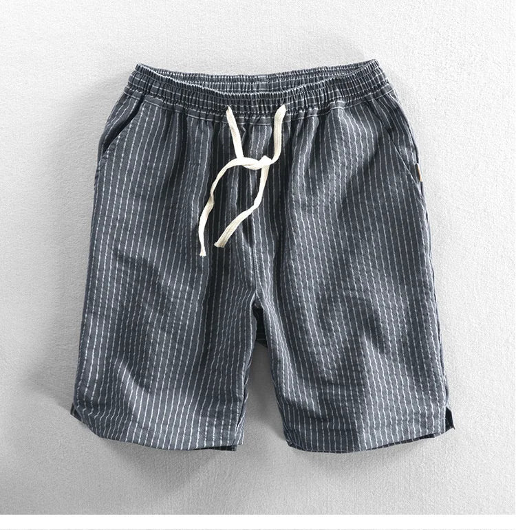 Summer Cotton Beach Shorts Pants For Men Casual Breathable Comfortable Striped Loose Drawstring Cropped Youth Man Shorts Pants