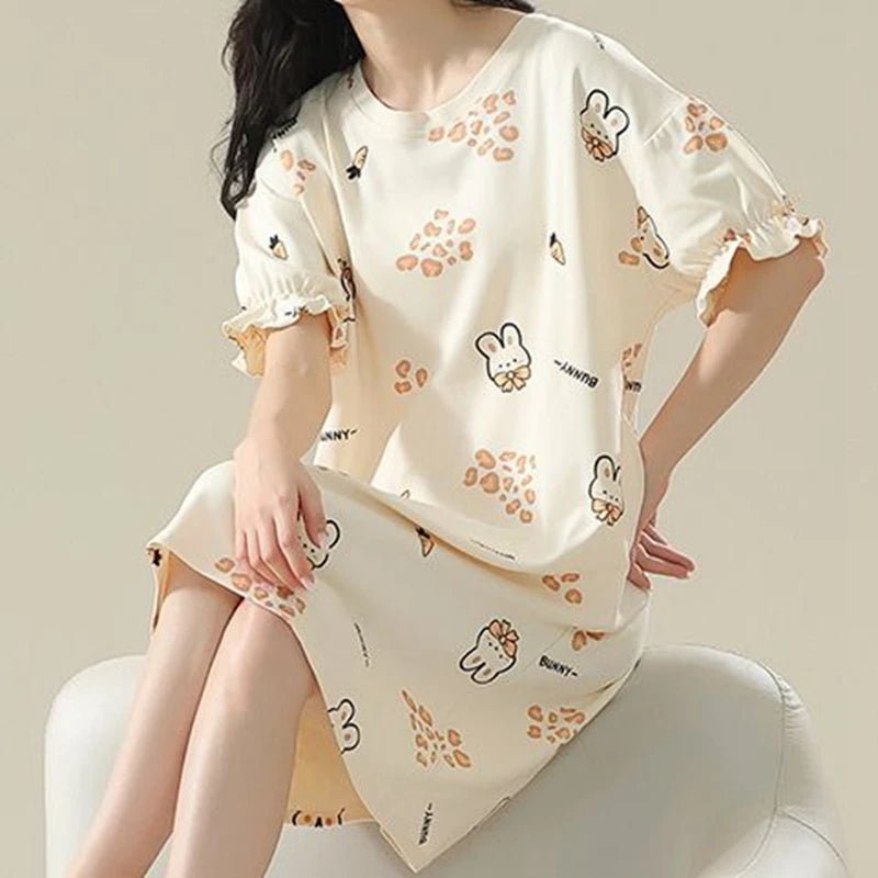 100% COTTON! SUKAE Summer New Women Lovely Sleepshirt Fashion Nightgowns Leisure Dress Casual Nightdress Short Sleeves Nightgown