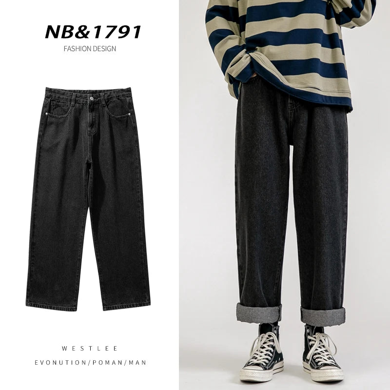 2023 New Korean Fashion Men's Baggy Jeans Classic Unisex Man Straight Denim Wide-leg Pants Hip Hop Bagy Light Blue Grey Black