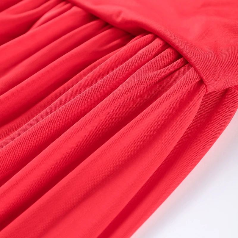 Sexy Red Pleated Mesh Long Dress Red See Through Patchwork Sleeveless A-line Party Dresses Female 2025 Summer Slim Robes Lady