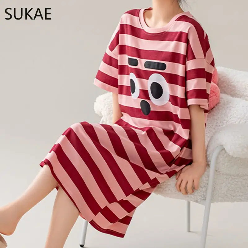 100% COTTON! SUKAE Summer New Women Lovely Sleepshirt Fashion Nightgowns Leisure Dress Casual Nightdress Short Sleeves Nightgown